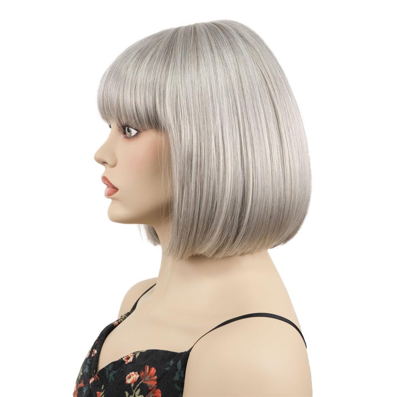 Aimole Short Straight Bob Wig Cute Flat Bangs Synthetic Women Wigs (51 Silver Grey) - Image 3